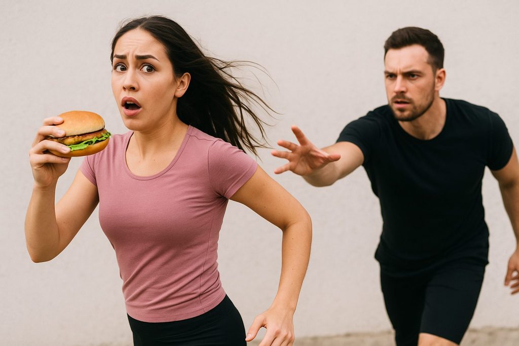 ハンバーガーを食べながら逃げる女性