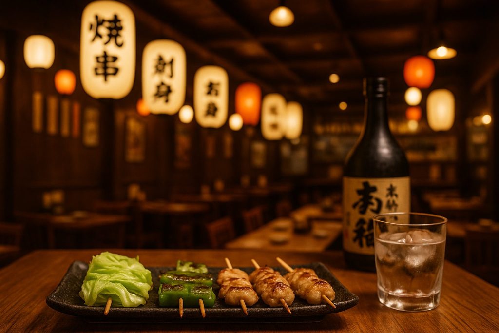 焼き鳥と焼き野菜と日本酒。