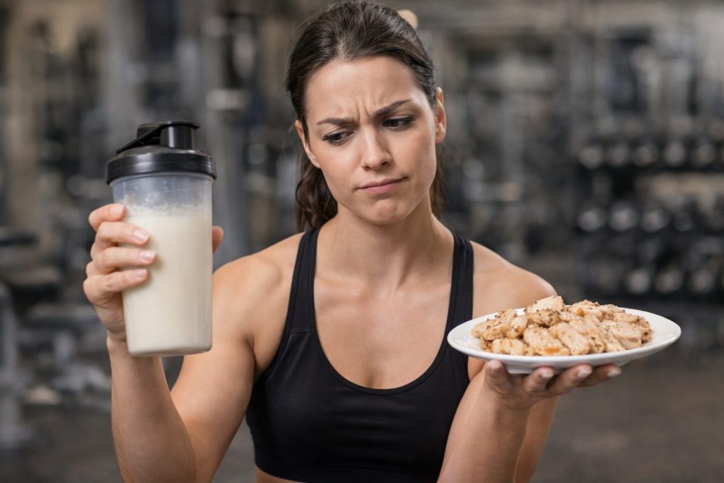 プロテインとチキンを持つ女性